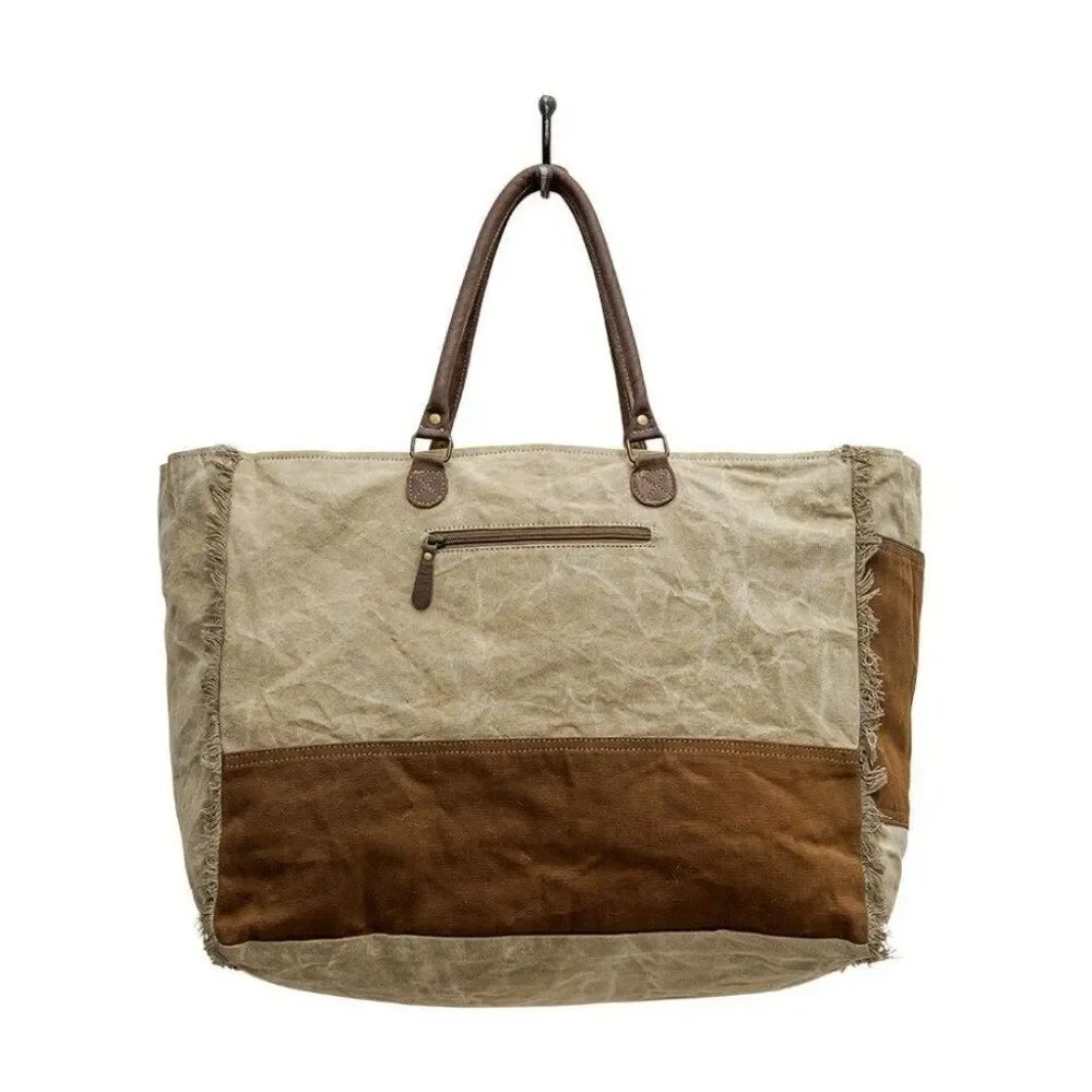 Myra Bag Handmade Winsta Weekender Bag Upcycled Canvas & Cowhide Leather